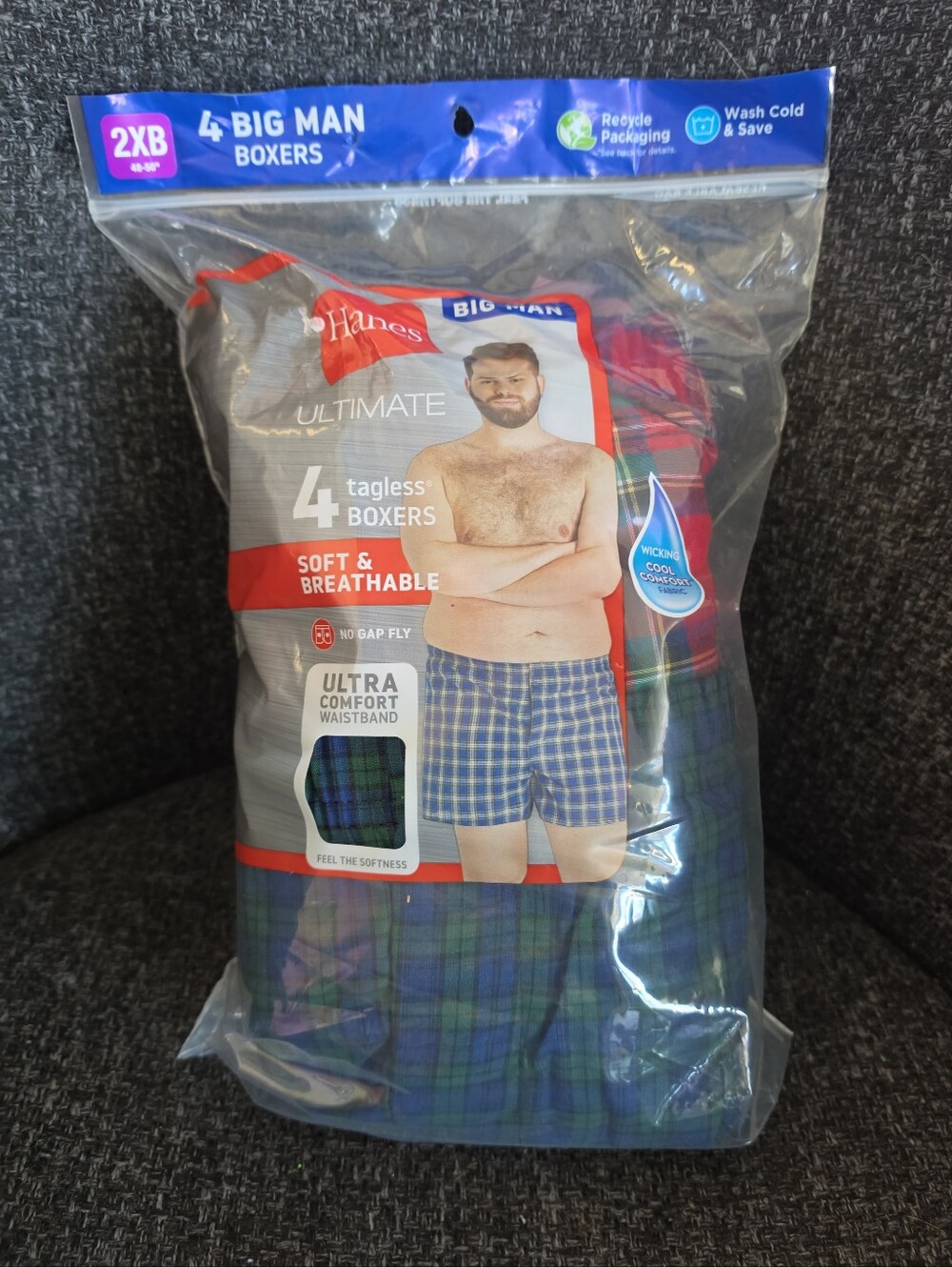 NIP Hanes Ultimate Mens 2XB 48"-50" Tagless Boxer Shorts Breathable 4-Pack Plaid